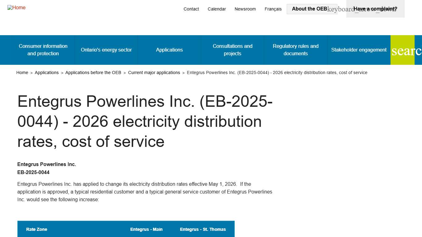 Entegrus Powerlines Inc. (EB-2025-0044) - 2026 electricity distribution rates, cost of service Ontario Energy Board